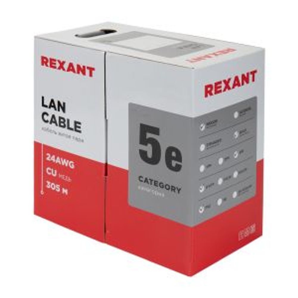 Кабель витая пара U/UTP, CAT 5e, PVC, 4PR, 24AWG, внутренний, однопроволочный, серый, 305м REXANT