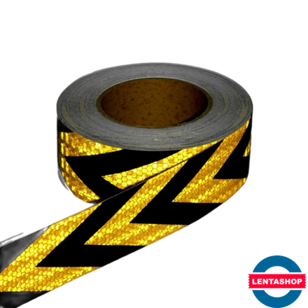 Жёлто-чёрная светоотражающая лента стрелка 5 см х 25 метров