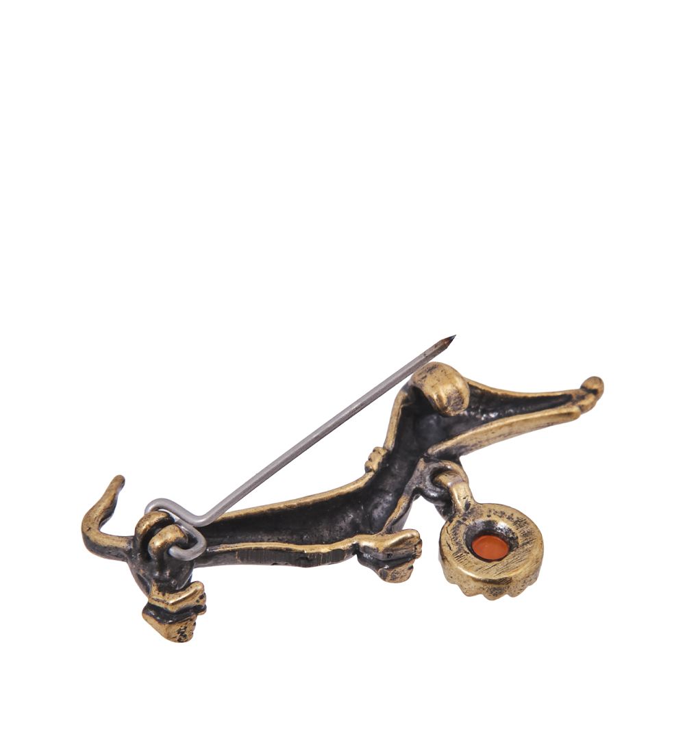 AM-4211 Брошь «Такса Кнопочка» (латунь, янтарь)