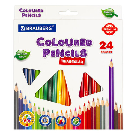 Карандаши цветные BRAUBERG PREMIUM, 24 цвета, трехгранные, грифель мягкий 3,3 мм,
