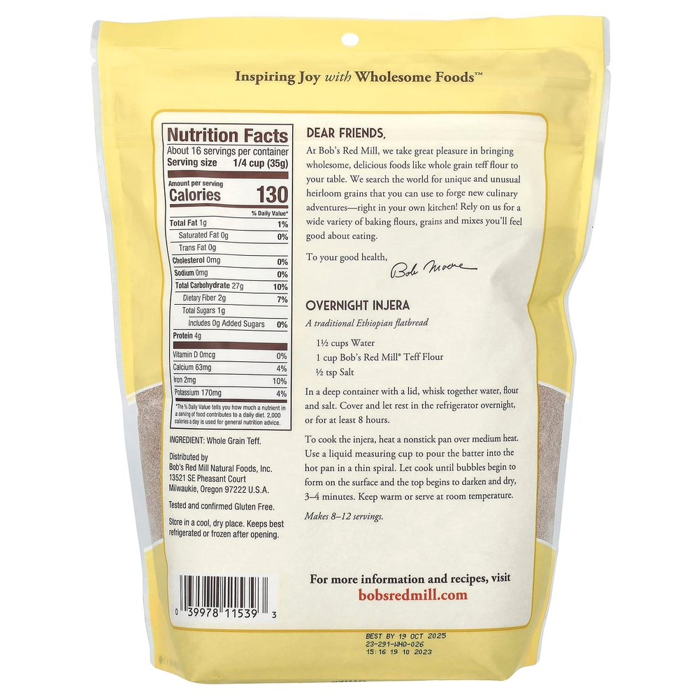Bob's Red Mill, мука из теффа, цельнозерновая, без глютена, 567 г (20 унций)