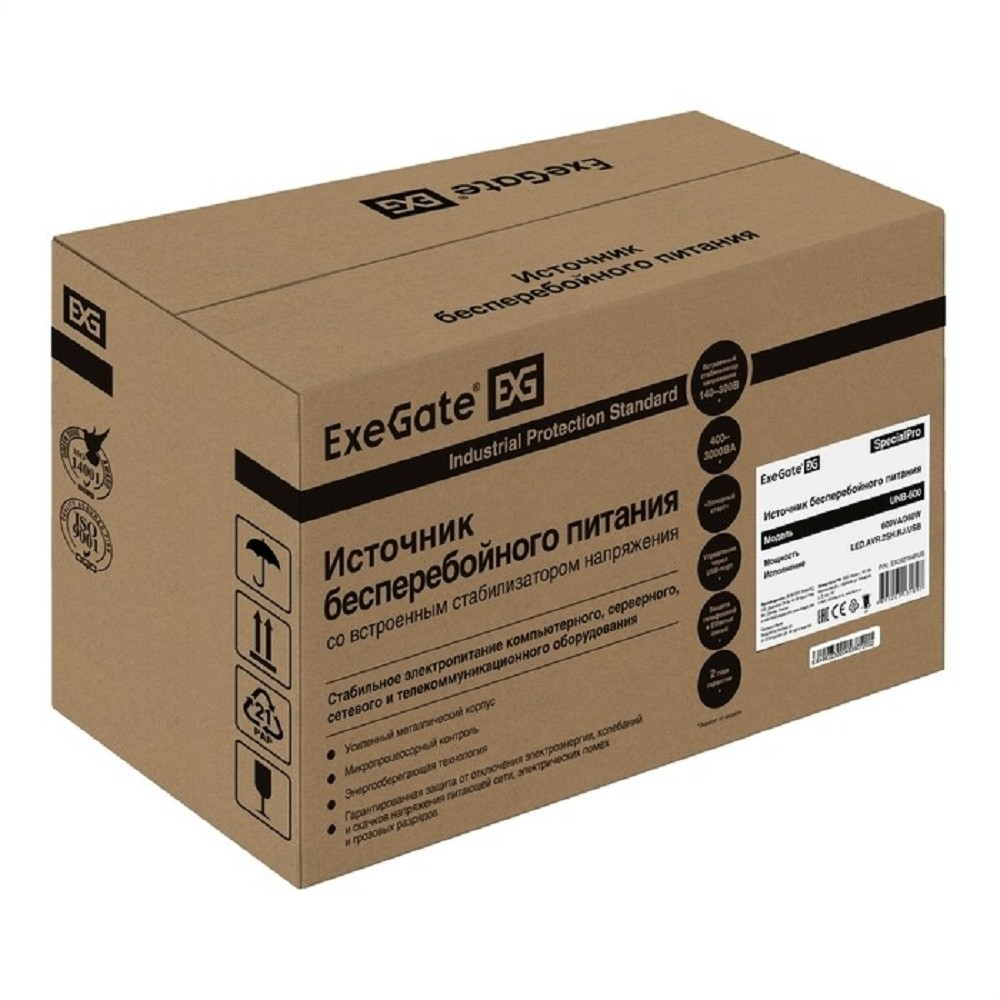 Exegate EX292764RUS ИБП ExeGate SpecialPro UNB-600.LED.AVR.2SH.RJ.USB &lt;600VA/360W, LED, AVR, 2*Schuko, RJ45/11, USB, Black&gt;