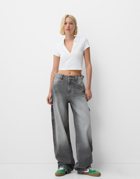 BERSHKA ДЖИНСЫ BALLOON FIT, СЕРЫЙ