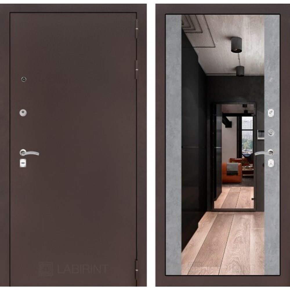 Дверь Входная Лабиринт CLASSIC антик медный С зеркалом Максимум Бетон светлый