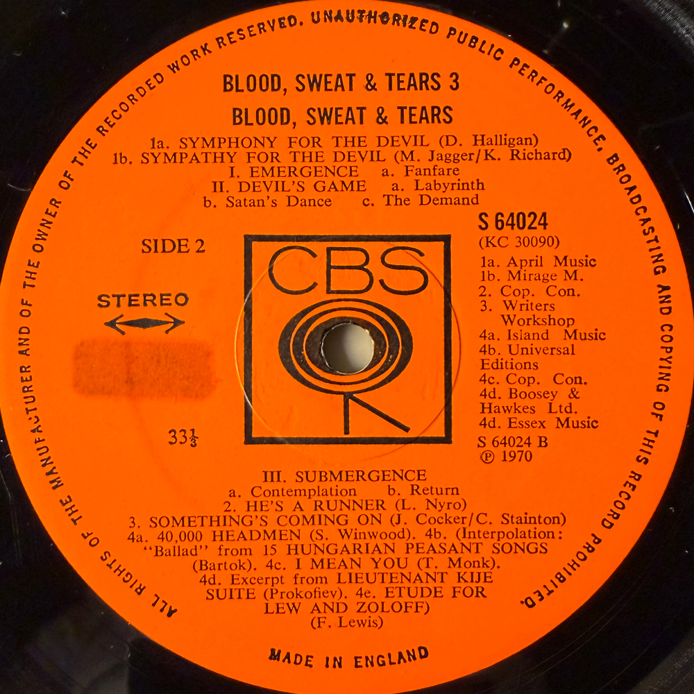 Blood Sweat & Tears ‎– Blood Sweat & Tears 3 (Англия 1970г.)