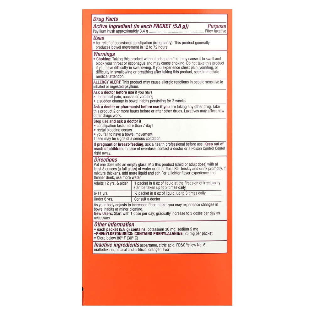 Metamucil, On-The-Go, 4 в 1 клетчатка, апельсин, без сахара, 30 пакетиков с порошком по 5,8 г (0,21 унции)