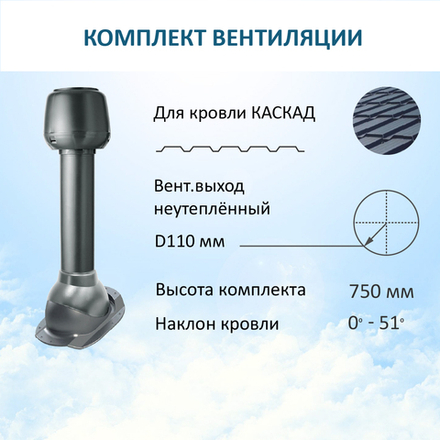 Комплект вентиляции: Вентиляционный выход D110 не утепленный высота H=500 мм, проходной элемент ТР-87/К для скатной кровли металлочерепицы Каскад, колпак вентиляционный D110, серый