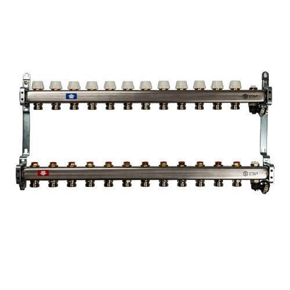 Коллекторная группа для радиаторного отопления STOUT SMS0932 - 1" на 12 контуров 3/4"EK (нерж.сталь)