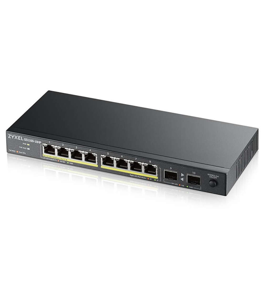 Коммутатор PoE+ Zyxel GS1100-10HP, 8xGE PoE+, 2xSFP, настольный, бесшумный, бюджет PoE 130 Вт, Kensigton lock