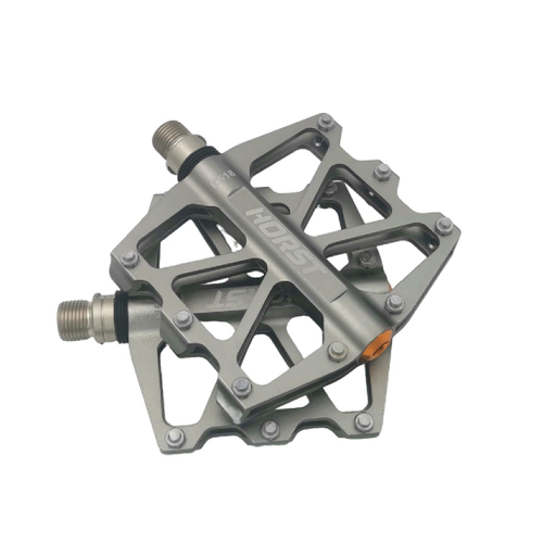 Педали алюминий H518 широкие, ось Cr-Mo на промах сменные шипы 91*101*11мм, 340 г серые HORST