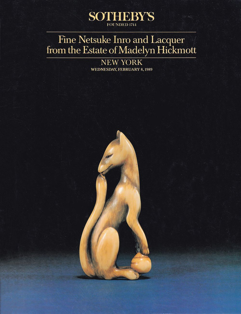 Каталог аукциона Sotheby's, Нью-Йорк, Нэцкэ, инро, лакированные произведения японского декоративно-прикладного искусства из коллекции Мэдлин Хикмот от 8 февраля 1989 года