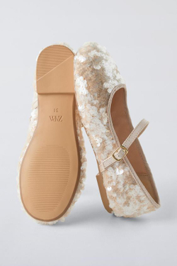 ZARA БАЛЕТКИ С ПАЙЕТКАМИ, ЭКРЮ