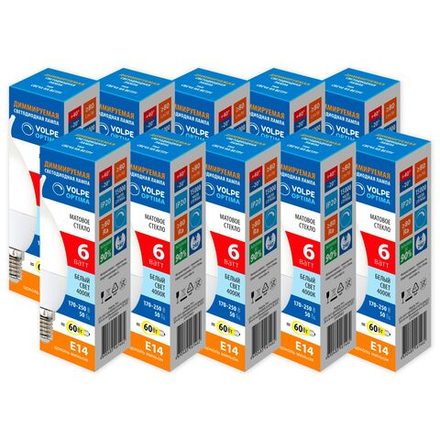 LED-CW37-6W-4000K-E14-FR-DIM-SLS Набор из 10штук Лампа светодиодная. диммируемая. Форма свеча на ветру. матовая. Серия Optima DIM. Белый свет 4000K. ТМ Volpe