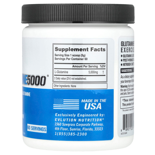 EVLution Nutrition, Глутамин 5000, без добавок, 5000 мг, 300 г (10,58 унции)