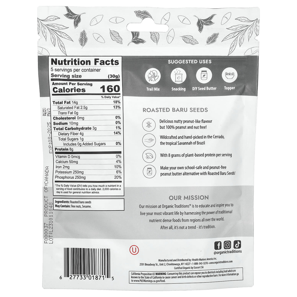 Organic Traditions, Жареные семена бару, 5,3 унции (150 г)
