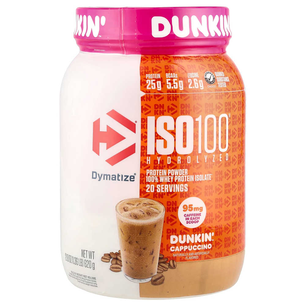 Dymatize, ISO100, гидролизованный, 100% изолят сывороточного протеина, Dunkin 'Cappuccino, 610 г (1,3 фунта)