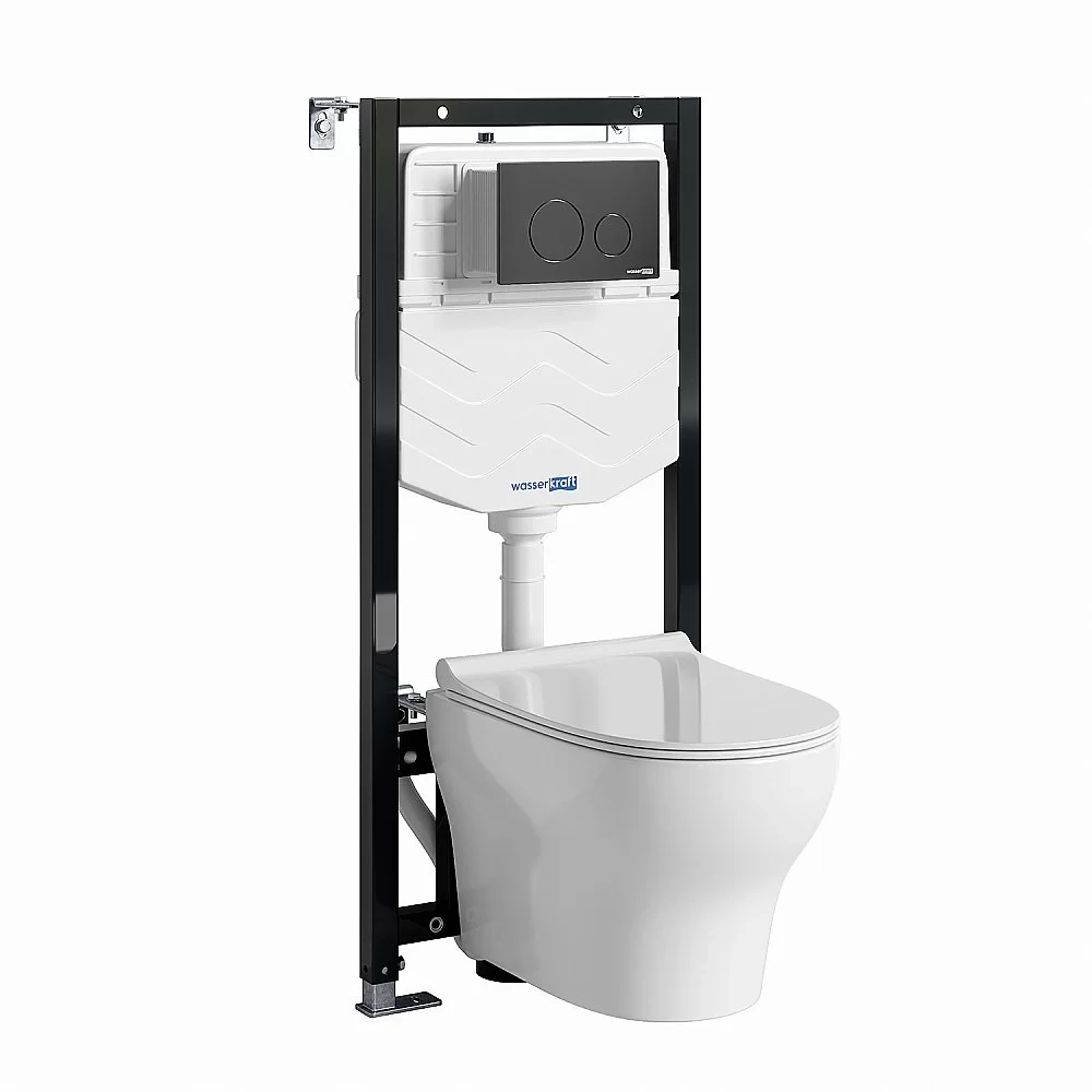Унитаз подвесной WasserKRAFT Berkel 10TLT.010.ME.MB02.H001 безободковый, с инсталляцией Aller 10, с крышкой микролифт, белый/кнопка черный Soft Touch
