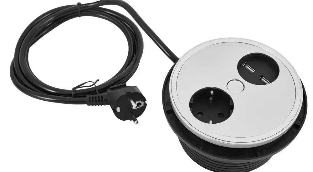 Удлинитель встраиваемый настольный Skybeam, 1 розетка 16A, 2 usb 2,4A, 220-250В, 3x1.5 мм, 2м, серый (1034)