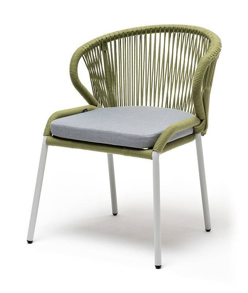 "Милан" стул плетеный из роупа, каркас алюминий светло-серый (RAL7035) муар, роуп салатовый меланж круглый, ткань светло-серая