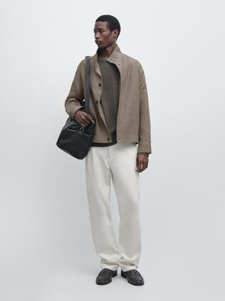 Massimo Dutti Бомбер из смесового льна с воротником, бежевый