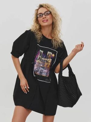 Платье футболка с принтом ПАРИЖ, черное