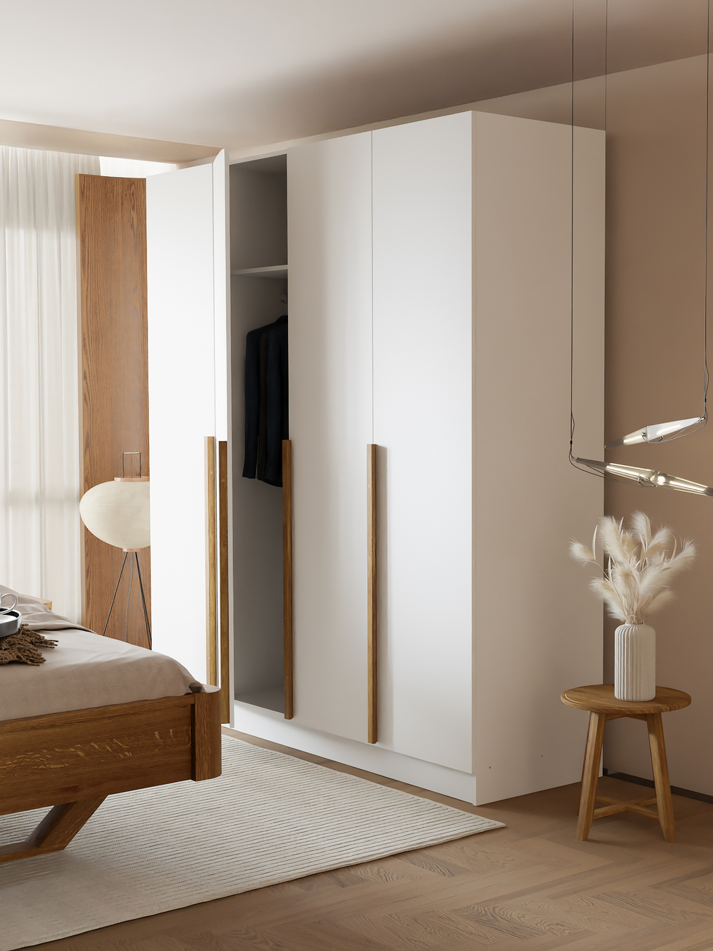 Шкаф для одежды 160х45х215, Мираж, распашной, с дубовыми ручками, белый, Dipriz