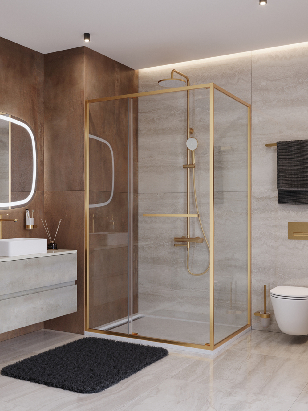 Душевой уголок Cezares LUX-AH-FS-11-120/90-C-BORO, 120х90х195, профиль брашированное золото, прозрачное стекло