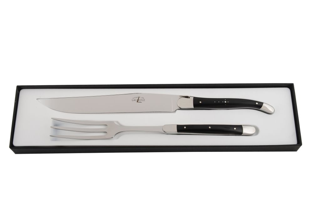 Carving set, small size (fork+ knife), 2 stainless steel bolsters, shiny finish, black horn tip hand