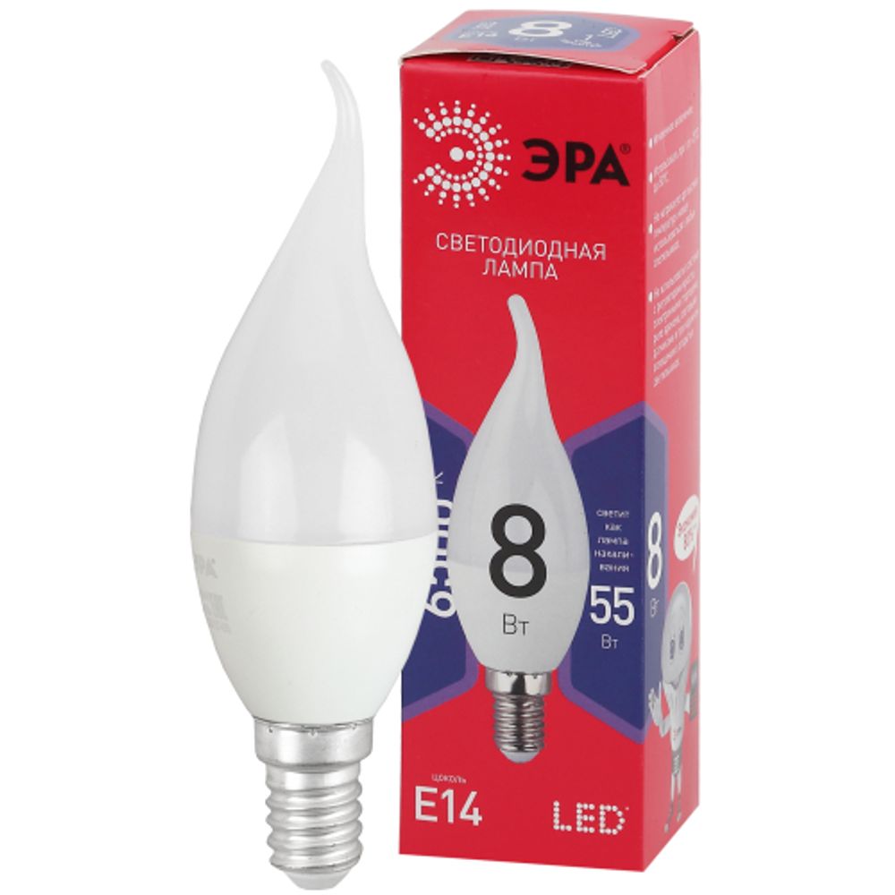Лампа светодиодная ЭРА RED LINE LED BXS-8W-865-E14 R 8Вт свеча на ветру холодный дневной свет Е14 | Лампы cветодиодные Свеча (B/C)
