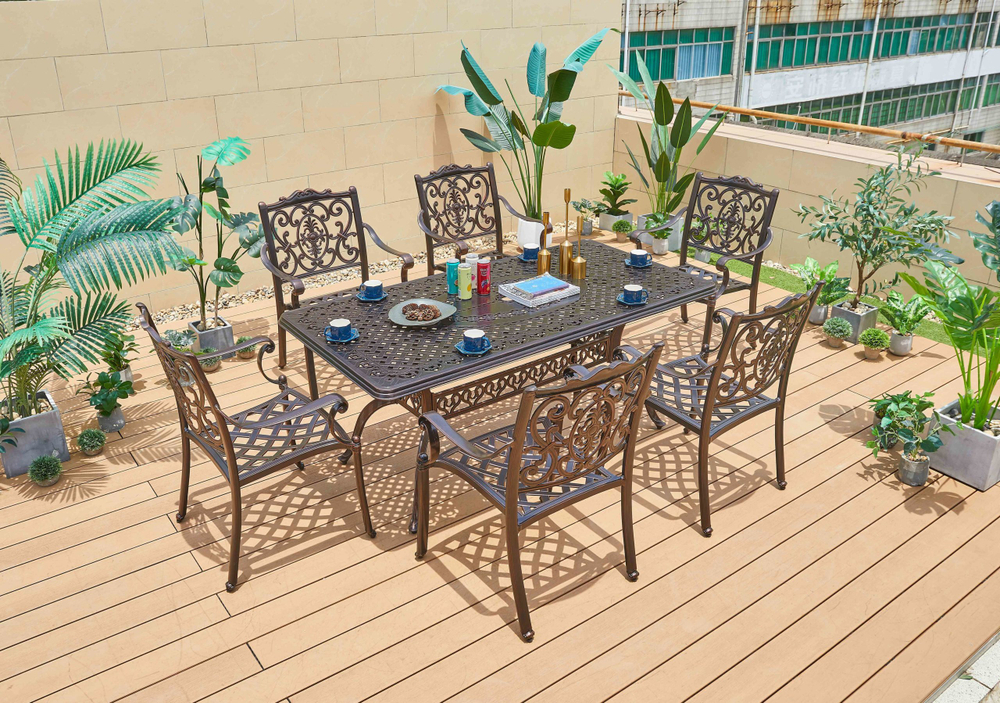 Обеденная группа из литого алюминия стол ВУЛКАН-2 «VOLCANO-2» 90х175 бронза арт.74427 + 6 кресел  ФЛОРЕНС «FLORENCE» арт.6171-6