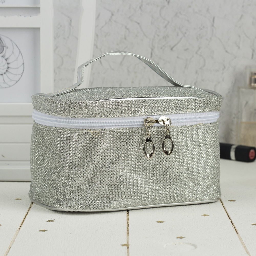 3722677 Косметичка-сундучок, отдел на молнии, зеркало, цвет серебро