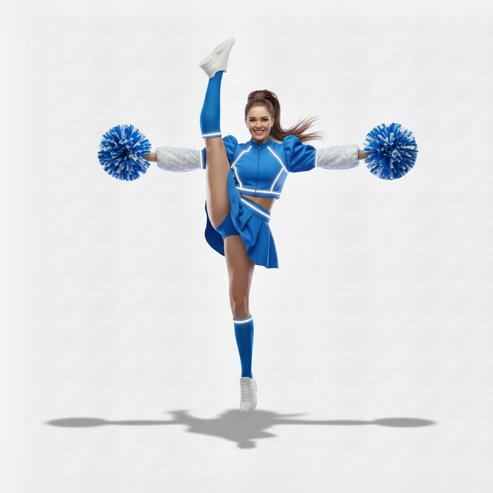 Костюм для чирлидинга синий с белым со светящимися вставками