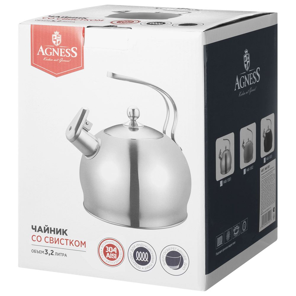 ЧАЙНИК AGNESS СО СВИСТКОМ 3,2Л, ТЕРМОАККУМУЛИРУЮЩЕЕ ДНО, 304 СТАЛЬ, ИНДУКЦИЯ