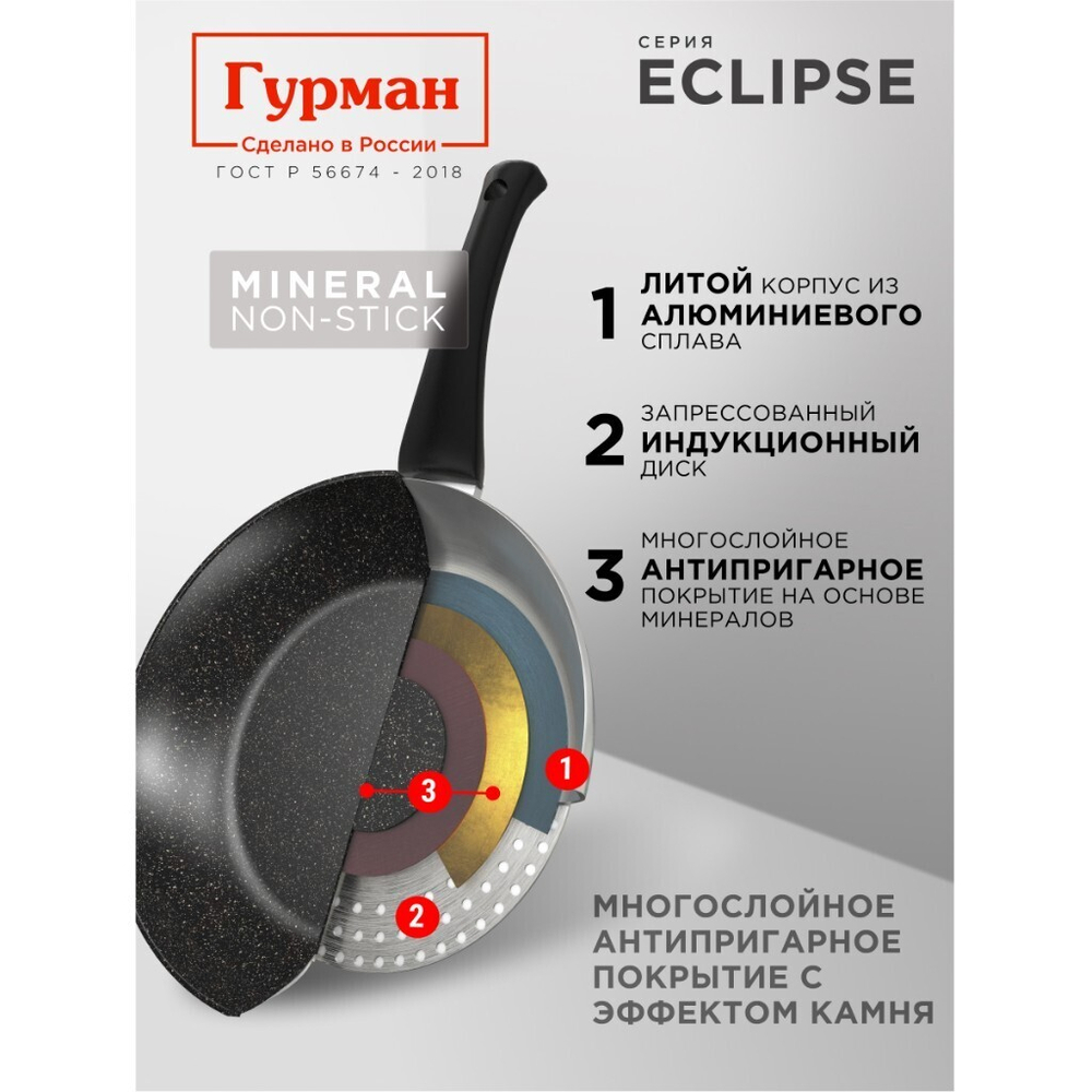 Блинница алюминий, 24 см, антиприг, Гурман, Eclipse, ГМб241ЭКИ, пластик ручка, индукц