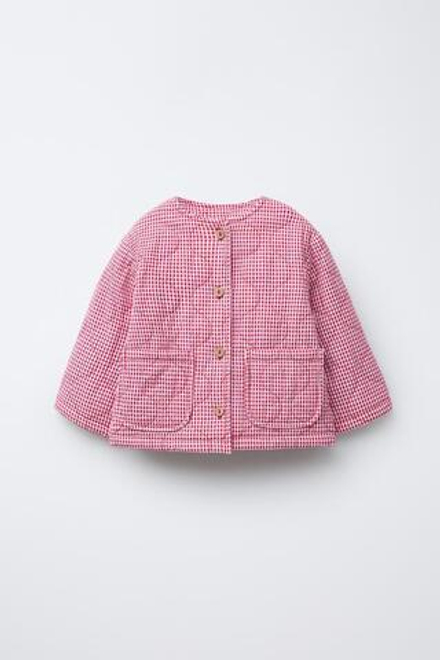 ZARA СТЕГАНАЯ КУРТКА В КЛЕТКУ ВИШИ, БЕЛЫЙ / КРАСНЫЙ