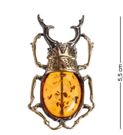 AM- 720 Брошь «Жук рогач» (латунь, янтарь)