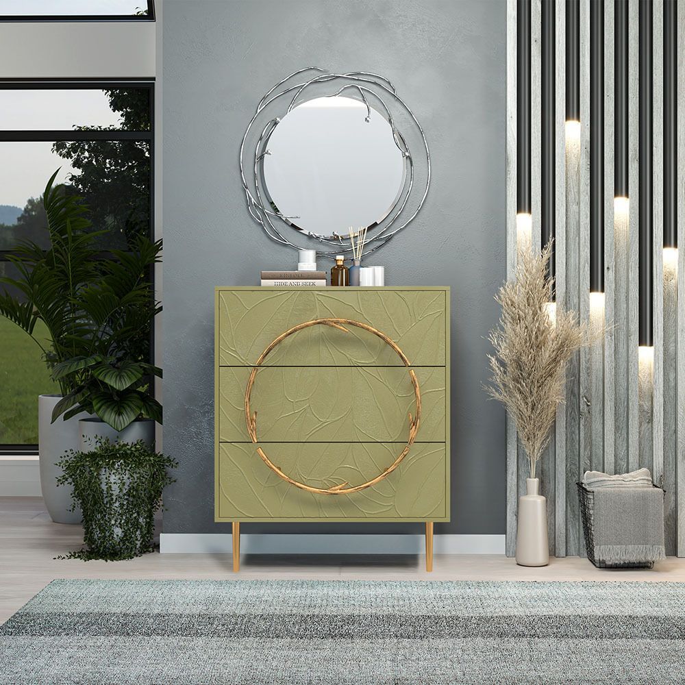 Комод Арт Колор leaves Стайл Голд с 3 ящиками Зеленая олива