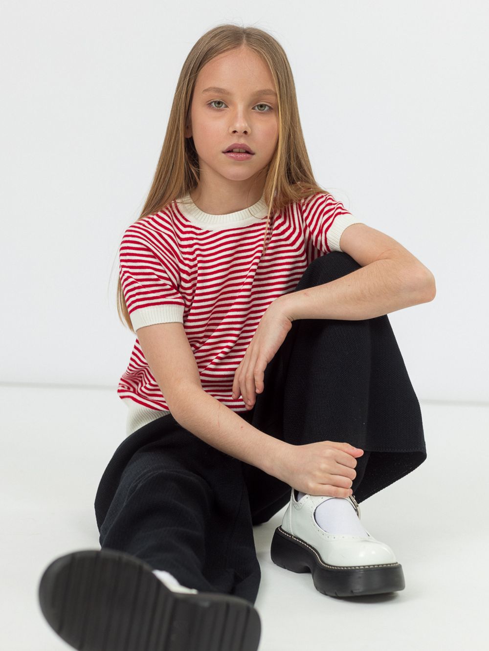 Джемпер для девочки с коротким рукавом AT996 молочный-красный