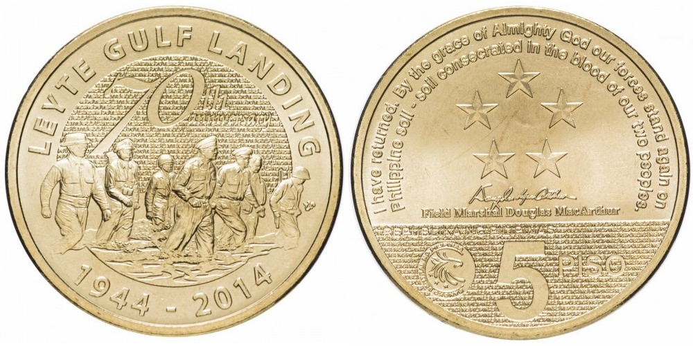Филиппины 5 писо, 2014 70 лет сражению в заливе Лейте