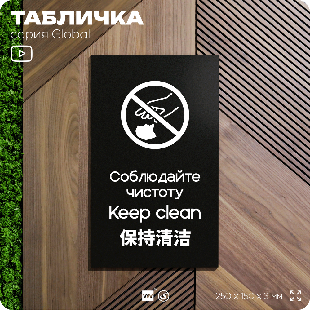 Табличка Соблюдайте чистоту и порядок, на дверь и стену, информационная и мультиязычная (русский, английский, китайский), серия GLOBAL, 25х15 см, Айдентика Технолоджи
