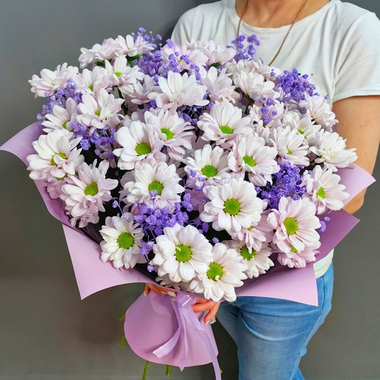 Букет из 9 хризантем сорта "KENNEDY ROSY" и сиреневой гипсофилой