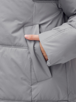 Пальто летучая мышь женское с капюшоном зимнее серого цвета 9619Sr