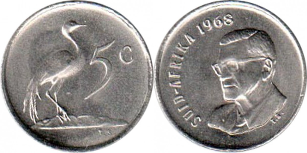 ЮАР 5 центов, 1968 Чарльз Сварта SUID-AFRIKA XF