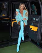 Женские бирюзовые ботфорты с жемчужным каблуком