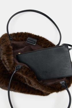 ZARA СУМКА-ШОПЕР ИЗ ИСКУССТВЕННОГО МЕХА, ЛЕОПАРДОВЫЙ