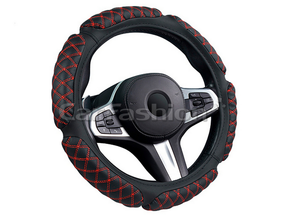 Оплетка на руль круглая CarFashion -М- «SCOTCH» 31653 - Экокожа - черный/черный/шов красный