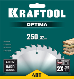 KRAFTOOL Optima, 250 х 32 мм, 40Т, пильный диск по дереву (36951-250-32)