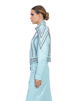 Женская бирюзовая кожаная куртка с акцентными деталями