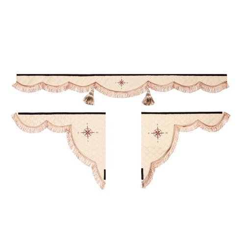 Ламбрекен 1,8м с косынками универсальные стеганые Роза Ветров (экокожа, бежевый, коричневые кисточки)