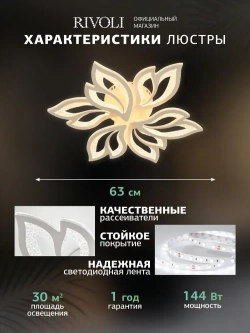 Люстра потолочная светодиодная с пультом ДУ Rivoli белая LED 144 Вт 3000 - 6000 К, светильник на кухню, в детскую, в спальню